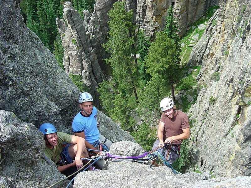 Looking down at the 2nd pitch belay from the top.