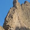 The start of the Prow's technical climbing. The 5.8 roof start is in the dark, overhanging rock in the bottom of the photo (not completely visible). July, 2010.