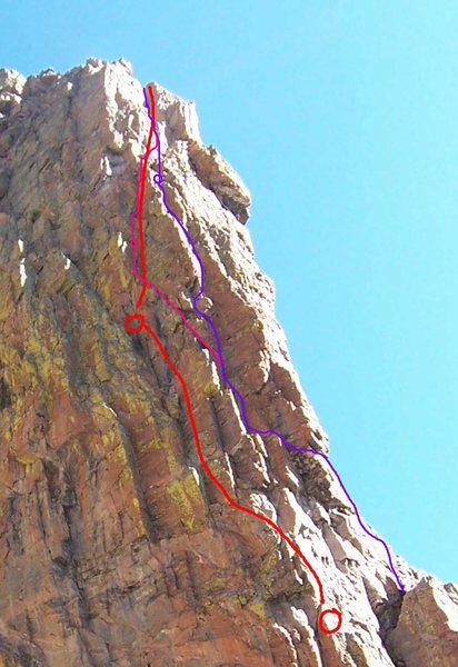 Alternatives on the upper pitches of the SW Corner. The purple line is the money. The pink variation is another way I've climbed it. The red line is Guy H's line. <br>
<br>
One warning is that I've taken a variation at the beginning of pitch 4 by heading up a 30 ft runout and traversing above a roof across at an overlap. It's exquisite exposure this way. 