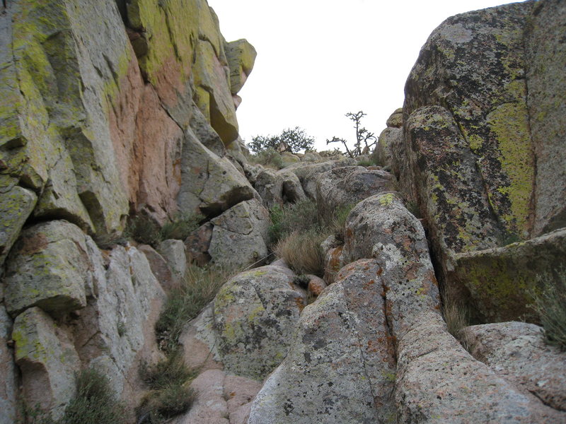 We opted to rappel down the South Face Direct route.  Walk down this sloping ledge system.  We did a single rope rap from the first station (one bolt and two pitons) to a large ledge system, and a double rope rap from the second station (two bolts) to the saddle between NRE and MRE.