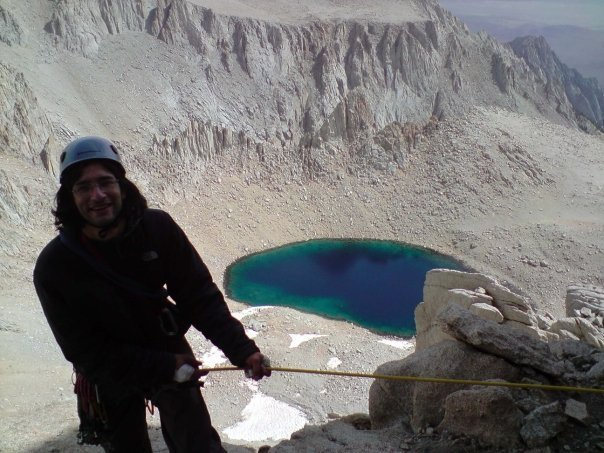 part way up the east buttress of Mt. Whitney, Iceberg lake is in the background