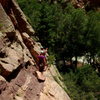 Chris setting up for the first pitch of a route on Wind Tower.