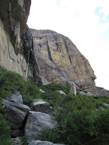 The beautiful streaked southeast face of High Eagle Dome from the base of Aerie Dome.