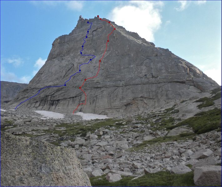 The blue line is the route we took for Spear Me The Details.  The red line is an unknown (to us) 5.9 left of Ten Essentials we climbed the previous day.