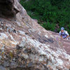 Our pitch one belay location below the overhangs. <br>
<br>
Photo by Erik Werner.