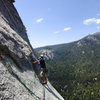 Kirk making the traverse from the first belay to the base of the awesome splitter on P2 of El Whampo