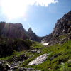 The sexy approach gully (3000+) vertical feet to the southwest ridge of Symmetry Spire.  Tetons National park.  July 2010.