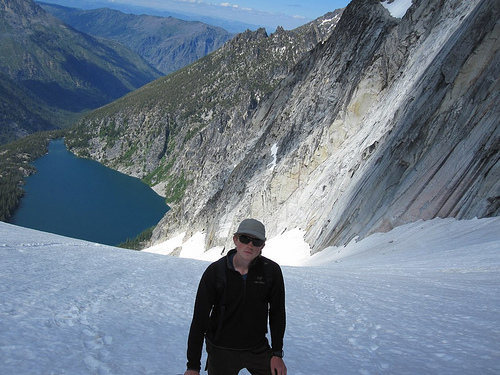 Looking down Colchuck Glacier to Colchuck Lake