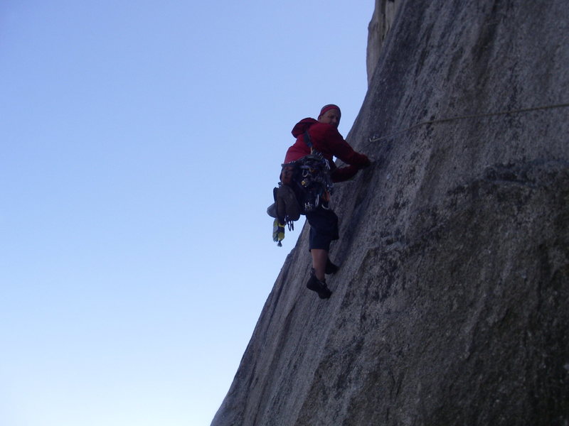 Stepping out onto the runnout 5th pitch. Thankfully it's only 5.9!