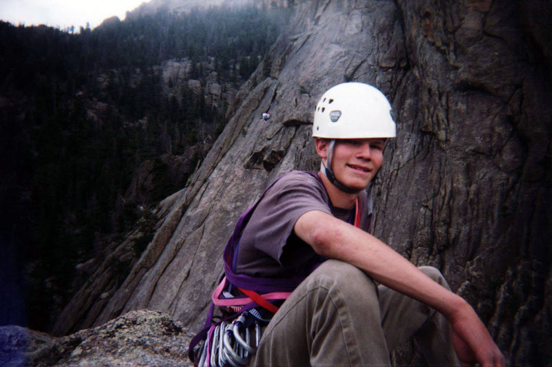 Enjoying a misty day on top of the Bookmark on Lumpy Ridge at age 14 or 15.