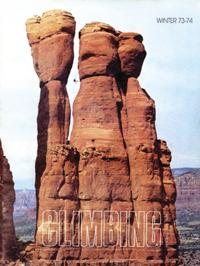 Thompson's Ladder ascends the shaded area  on the upper  first spire. The route was completed in 1988  and named after John Jim Thompson who was  the first settler in Oak Creek Canyon, AZ.  Most rock formation  in Sedona  were named by Thompson in the early 1900.