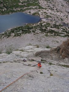 Seconding the 3rd pitch of Pitch Off, Haystack mountain