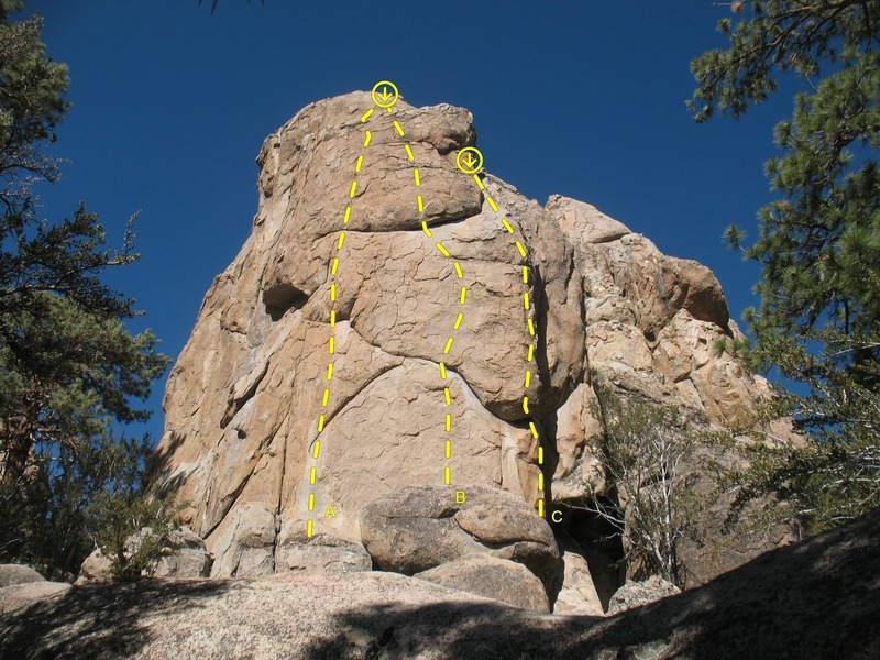 Claim Jumper Wall (West Face), Holcomb Valley Pinnacles 
<br>

<br>
A. Blue Sky Mine (5.10c)
<br>
B. Mad Season (5.11b)
<br>
C. Necktie Party (5.10d)