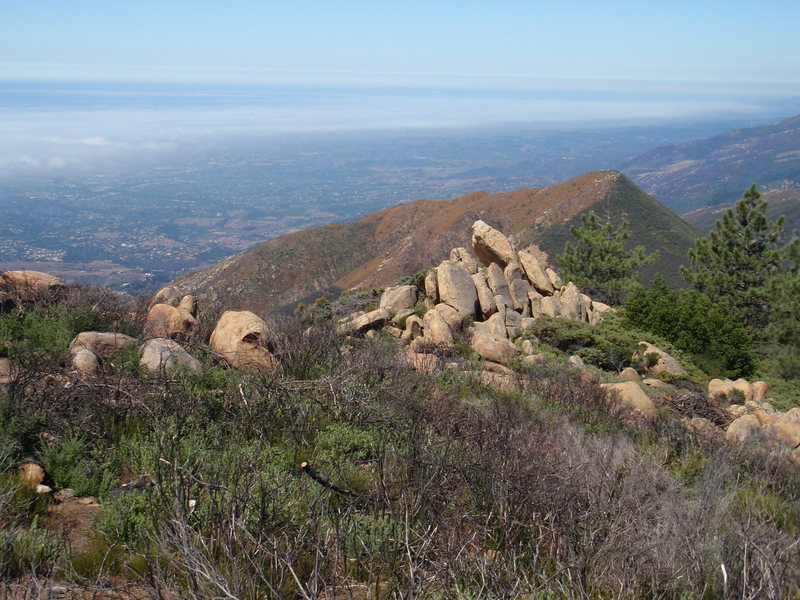 Try the trail that heads west from the bench to the crop of rocks in this photo.  Since the fire there seems to be so many 'trails' its hard to decide which is best.  This one is direct and easy to follow.