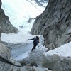 At the moat halfway up the couloir, about to climb the crux of the day.