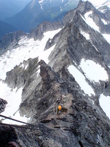 Looking down the West Ridge.  Continuing past is the ridgeline that makes up the Torment-Forbidden traverse.
