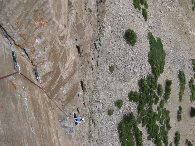 3rd pitch of Up the Irons 5.11, 4 pitches. Iron Hayden Wall, Hayden Peak.