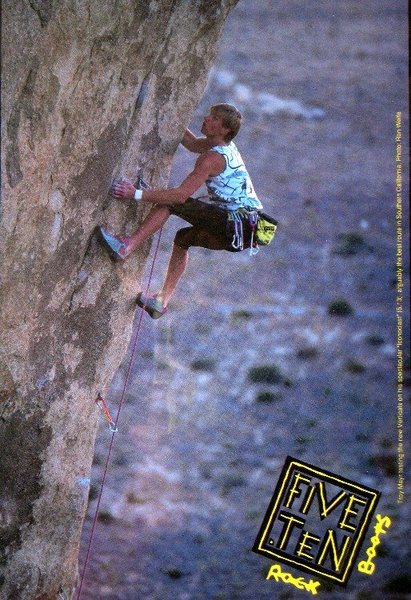 Troy Mayr airing it out on the Iconoclast (5.13a), Joshua Tree NP
<br>

<br>
 Photo by Ron Wolfe