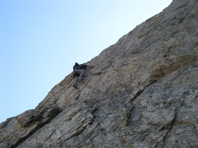 CJ nearing the top of the route, pitch 16 maybe. The headwall section is steeper than the rest of the route and quite fun.