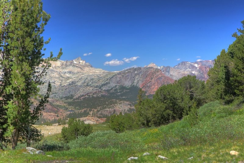 Mt. Conness from a distance, Tioga Peak in the foreground.<br>
<br>
Picture taken from Glacier Canyon