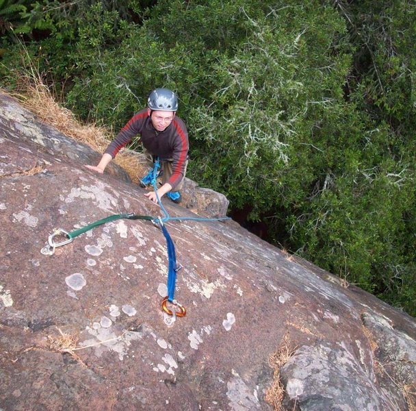 Last couple of moves to the nice 2-bolt anchor (easily reached from the stairway). Thin and thoughtful for beginning climbers.