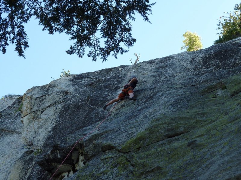 Eyeing the crux sequence on the first ascent of Tiger's Eye, 5.10c