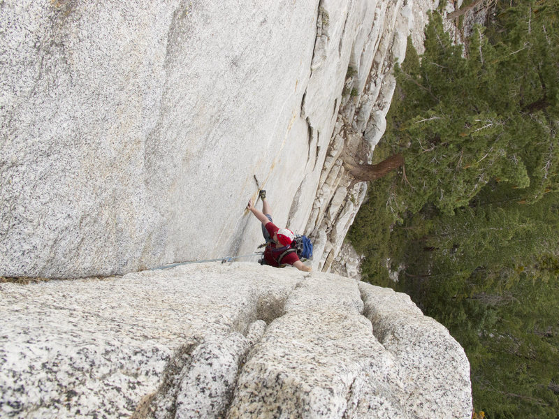 A view from the top of the first belay ledge (approx 60 feet from the start).  This belay is large and comfy with a tree and some slings.  