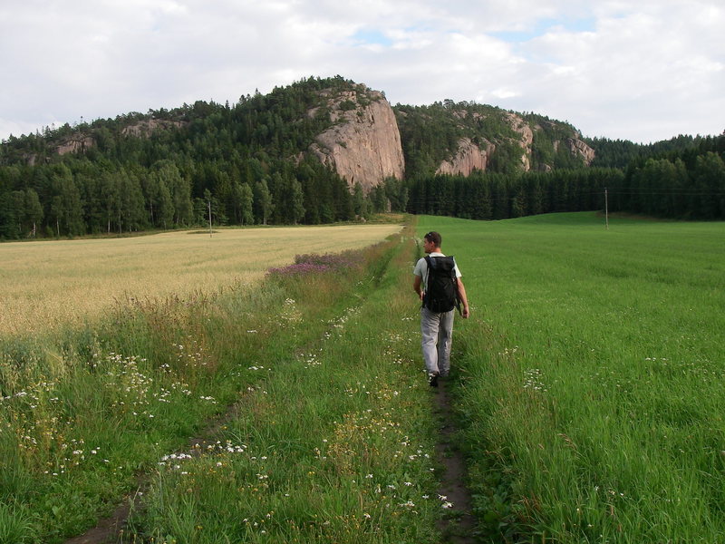 Approaching the crags of Hallinden. Stora Vaggen is the largest and closest crag in this photo.