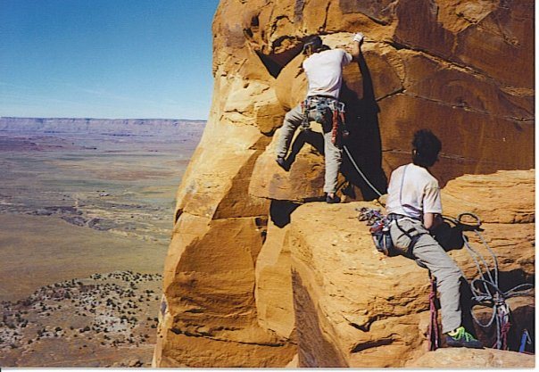 Jeremy J Schlick and Seth Dyer on the last pitch of Sunflower Tower, Indian Creek, UT 1997