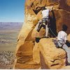 Jeremy J Schlick and Seth Dyer on the last pitch of Sunflower Tower, Indian Creek, UT 1997