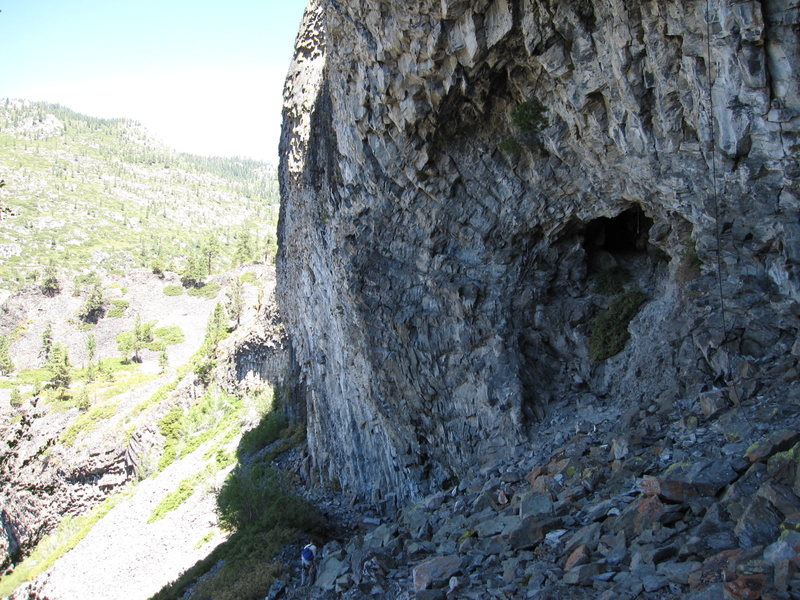 Looking down at the lower wall. The gently overhanging rock in the lower portion of the photo (below and left of the cave) houses a bunch of 5.12's and the 5.11+ warmup. The climbing on this section of the wall is similar to the Gold Wall.