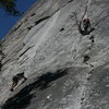 Nathan at the 1st belay and Sheila heading up. The Tree Route at Dome Rock.   8-22-10