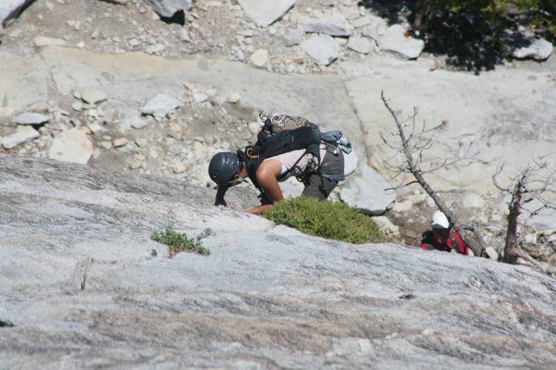 Marina on her first trad lead coming up pitch 2. The Tree Route on Dome Rock.  8-22-10