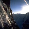  Tamara's traverse. Moonflower buttress.<br>
<br>
Photo: Carl Tobin