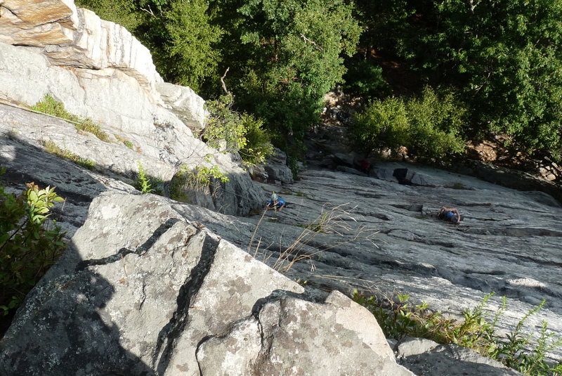 Looking down from the first belay ledge