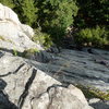 Looking down from the first belay ledge