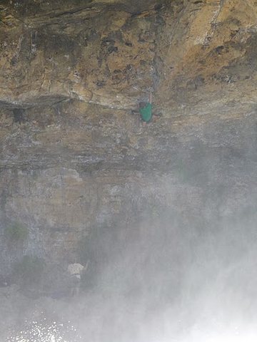 during a rainy spell, the falls can get huge! photo from 08/15/2010. (btw, that's brandon at the crux of leftovers).