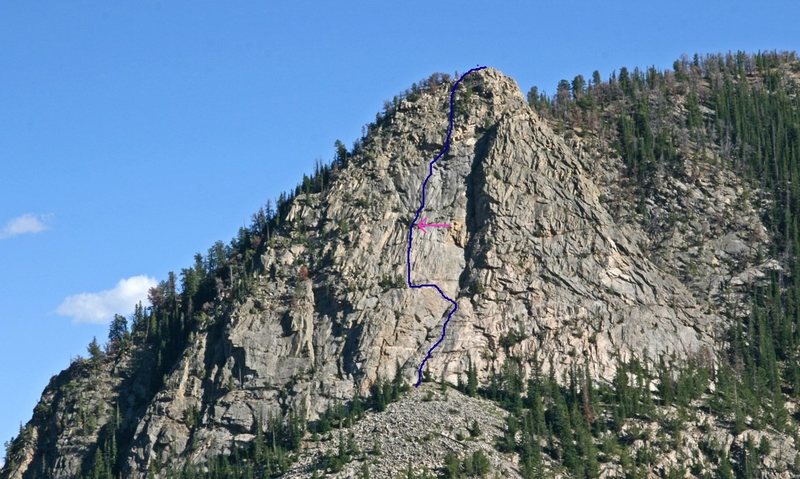 Route on the upper buttress. Arrow shows that Gunks roof. 