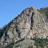 Route on the upper buttress. Arrow shows the Gunks roof.
<br>

<br>
Photo by Stan Wagon.