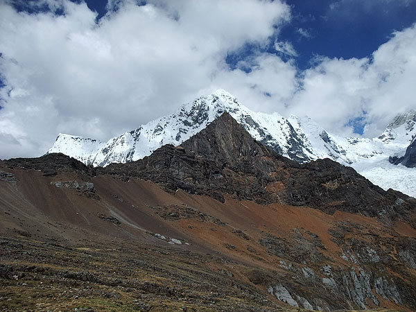 Cordillera Huayhuash (Peru): looking back toward the minor Mexico Peak (16,574 ft) and the scree slope we crossed