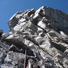 Dihedral finish to the arete variation. I may have chosen the wrong dihedral, there were two more less overhanging to the right of it - one was clean open book and the other was a chimney.  I'm sure either goes at the same grade.