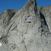 Overview of Ambush South Face with the route "Runnel Out" sketched into the photo