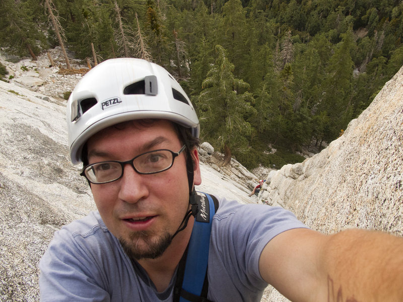 A self-portrait leading The West Route on the Northeast face (5.6) at Tahquitz, near Idylwild Ca in August 2010.