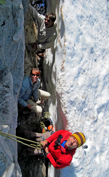 Here ye, here ye: on this day, sporto's shall climb outta da snow.  Belayers sit inna bergschrund.<br>
<br>
In other words...Cody, me, and Rico having a ball!!!<br>
<br>
Photo by Karsten<br>
<br>
July 2010