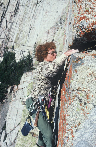 Wheels at the crux, near the end of the second pitch during the F.A. Photo L. Ellison