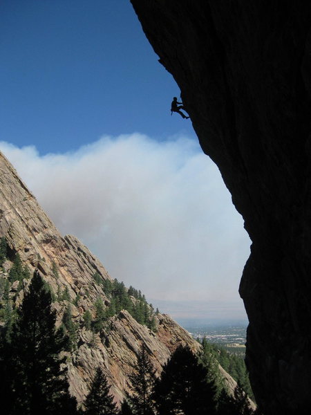 The west face of the Slab is steep. Note early smoke from the Four-Mile Canyon fire, 9/6/10.