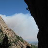 The west face of the Slab is steep. Note early smoke from the Four-Mile Canyon fire, 9/6/10.