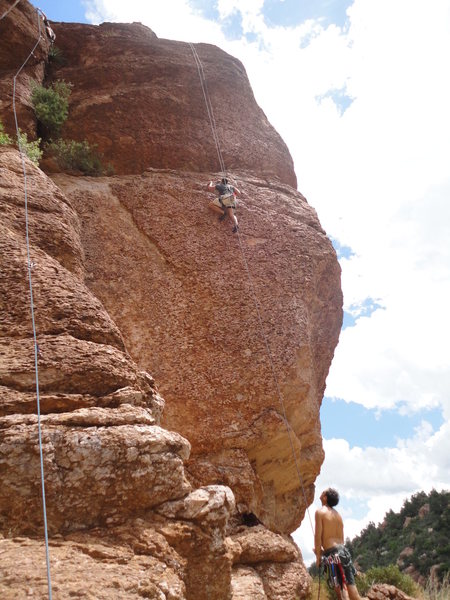 Friend Mike Brewer climbing Pocket Puzzle, getting belayed by his friend Japhet.  I'm climbing off left on a boring until the very end climb.  Not recommended (don't remember what it's called).