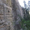 S. Giffin sussing out the crux on 'Green Monster' (11d).<br>
photo by S. Davis