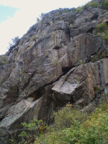 Far left side of cliff with On Line Trading, ~5-6 bolts, 2 bolt anchor.